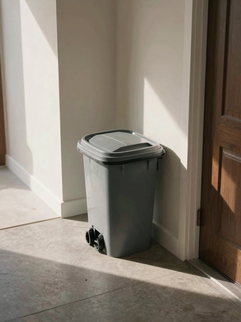 Overhead mid-shot of a property corridor at a townhome community, a single clean trash bin placed neatly at a doorstep, morning daylight casting soft shadows, organized and uncluttered hallway, no people