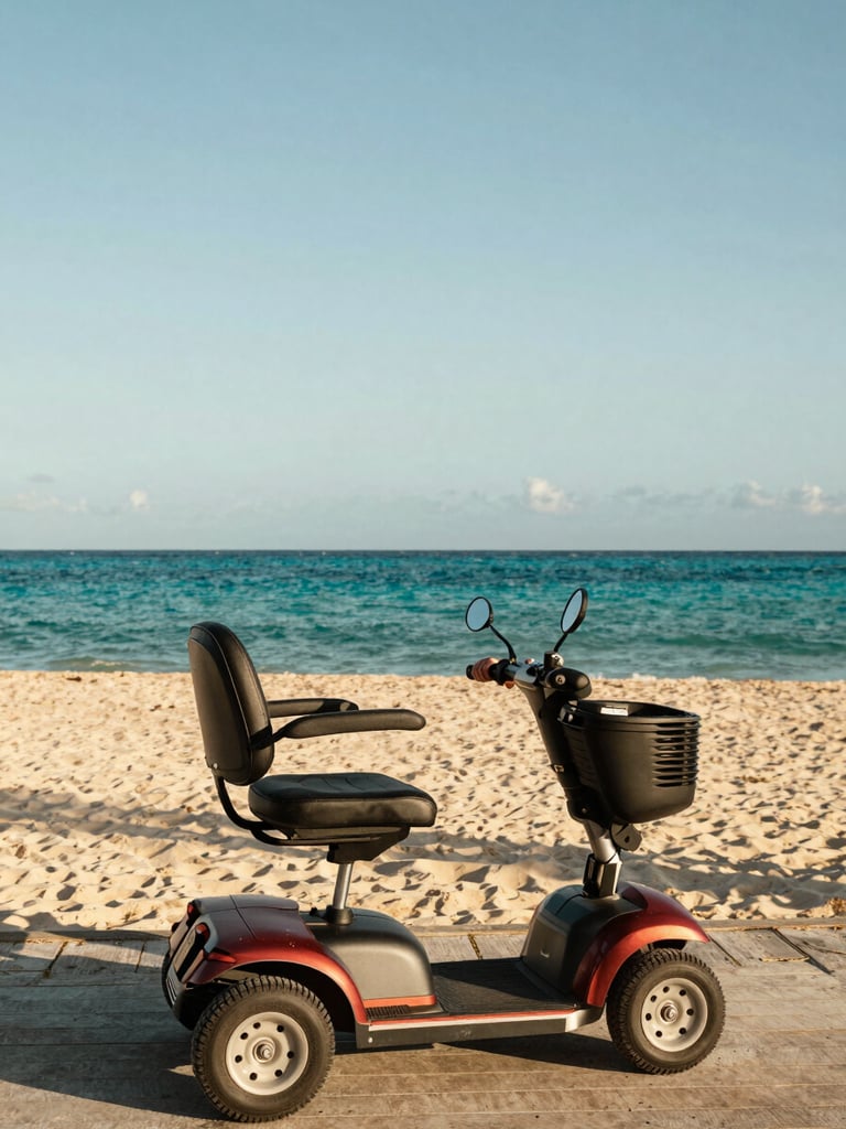 Wide environmental shot, a mobility scooter parked on a bright Caribbean beach boardwalk to the right, turquoise sea visible in the background, warm golden-hour daylight, a vacationer's hand resting on the handlebar, no faces, generous sky above