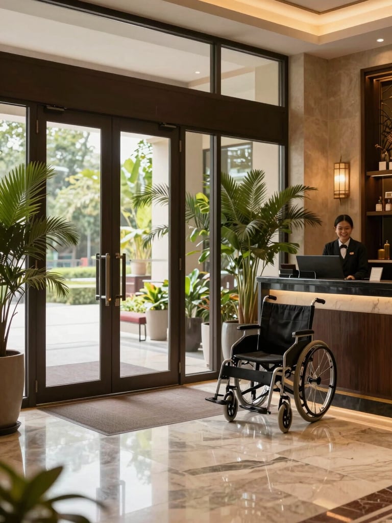 Panoramic hotel lobby entrance, warm natural light through glass doors, a neatly folded wheelchair resting near the reception desk to the right third of the frame, smiling staff member visible in background, polished marble floor, lush tropical plants flanking the entrance