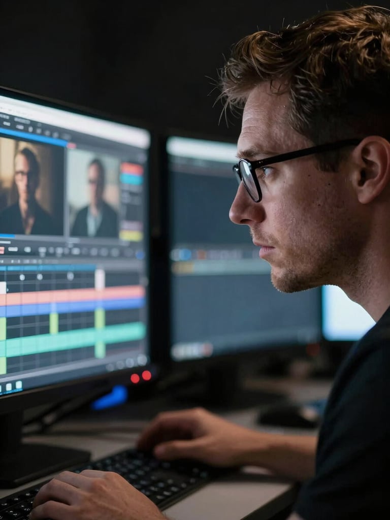 Portrait crop, high-contrast dramatic lighting. A director analyzing glowing monitors in a low-lit editing suite, extreme close-up, sharp focus on the screen reflection.
