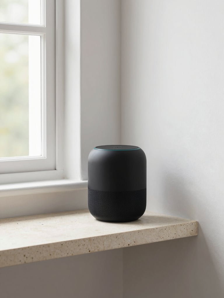 Wide environmental shot of a north-facing living room corner, a matte-black smart speaker resting on a pale stone shelf, cool diffused daylight from an off-frame window, clean white walls, no people, minimal objects, editorial stillness