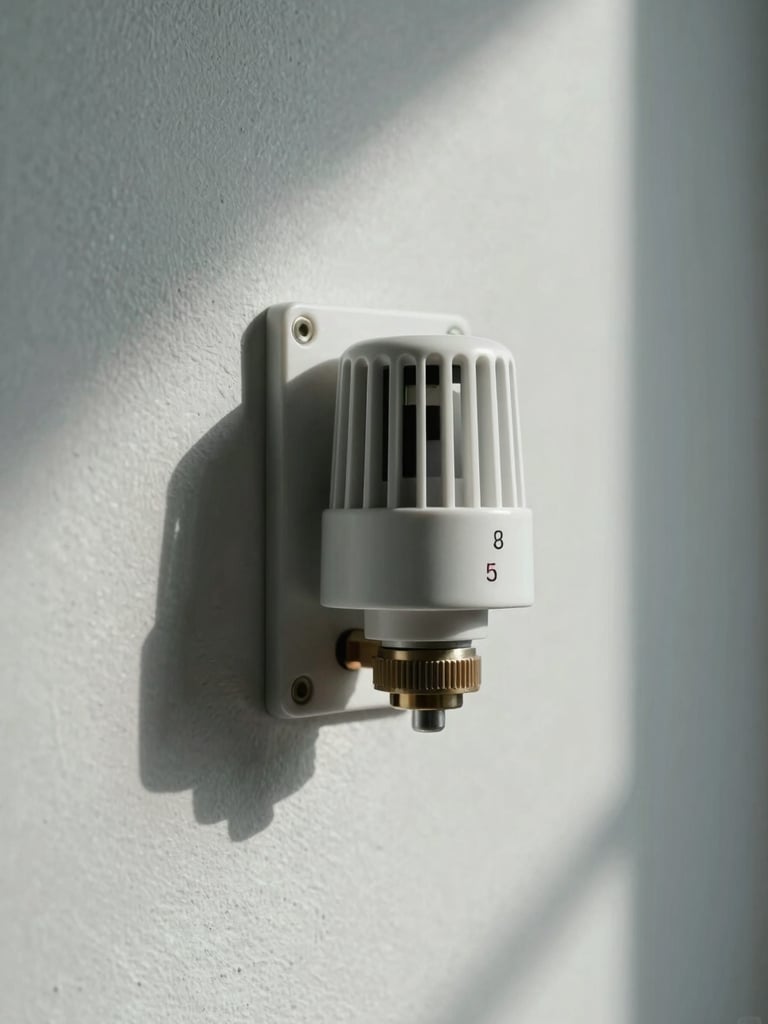 Close-up in-situ shot of a matte thermostat mounted on a light plaster wall, cool north-facing daylight raking across the surface, minimal wiring visible, architectural stillness, no hands or faces
