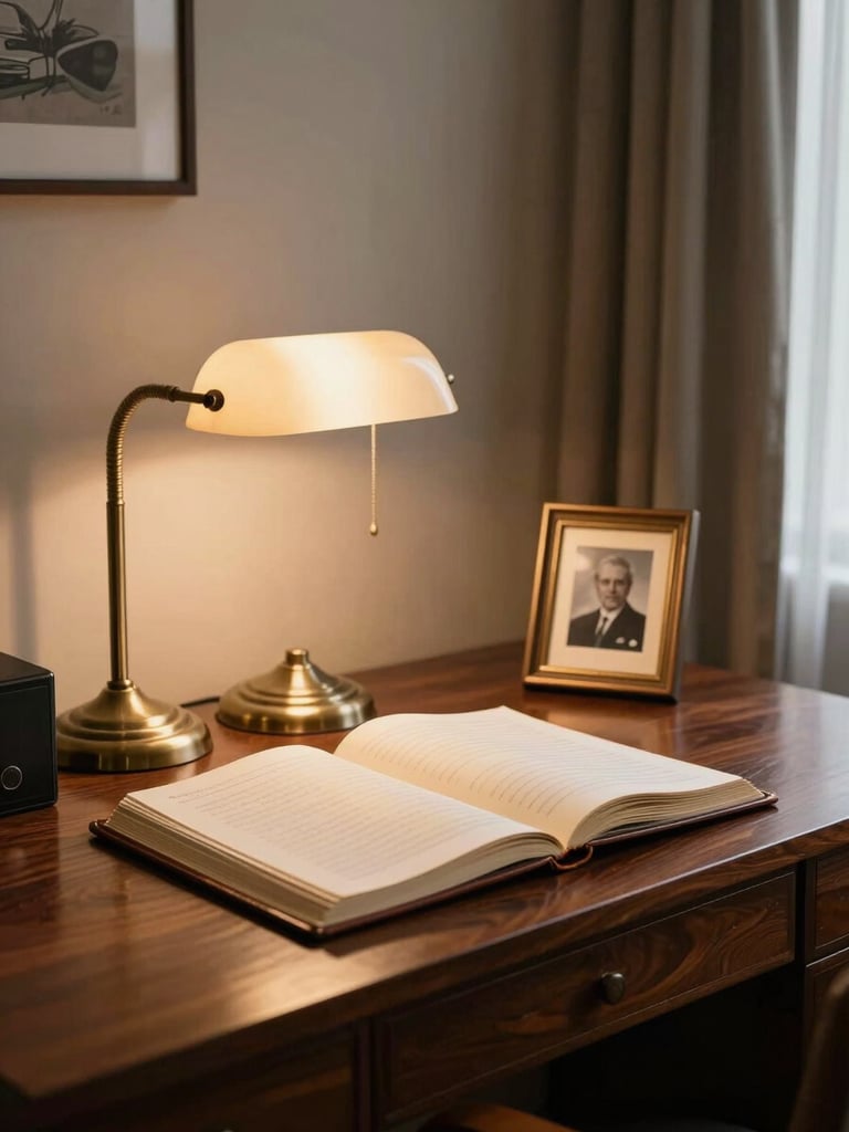 Close environmental photograph inside a well-loved study: a mahogany desk with an open leather-bound ledger, a brass desk lamp casting warm light, a framed photograph turned slightly away from camera, afternoon light edging through a half-open curtain — the room quiet and inhabited