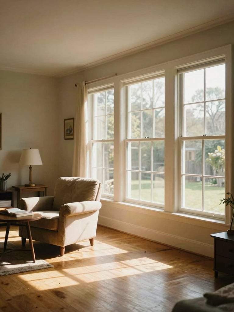 Wide interior of a sunlit living room in a family home, afternoon light streaming through tall windows across the right third of the frame, an armchair and side table with a reading lamp in the foreground left, warm golden daylight pooling on hardwood floors, the room quiet and undisturbed, photographed with a documentary stillness
