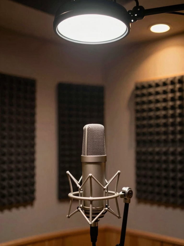 Environmental wide shot of a recording booth interior, a large-diaphragm condenser microphone centered in the frame under a hard directional studio light, acoustic foam panels receding into shadow on both sides, warm amber spill from a talkback window in the upper right corner — no people