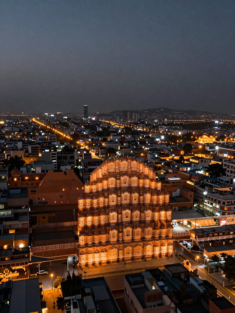 Panoramic overhead night shot of Jaipur city grid — amber streetlights forming a geometric lattice across the frame, left-aligned horizon, wide sky above, no people, city as circuit board not romantic skyline