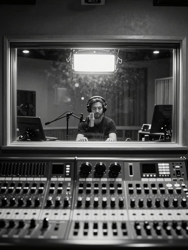 Wide shot of a recording booth interior seen through the glass partition, a musician with headphones at a microphone under hard overhead studio lighting, the control room hardware visible in sharp foreground detail, high-contrast black and near-white tones