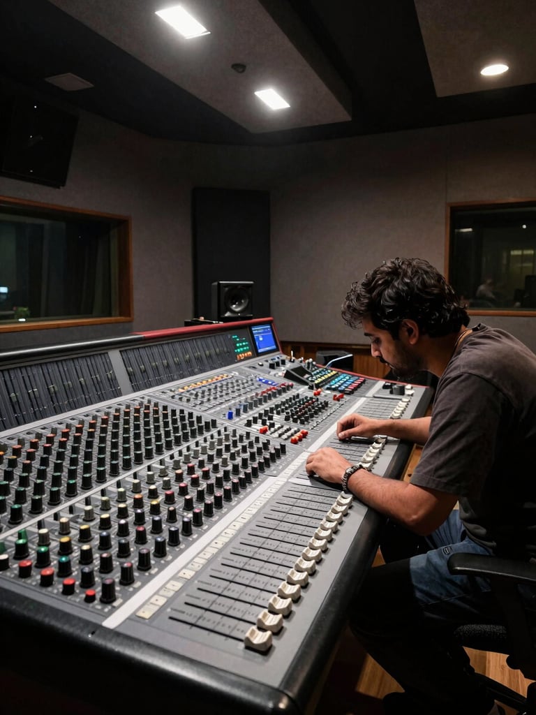 Environmental wide shot of a recording studio control room, a lone artist leaning over a mixing board under hard overhead strobe lighting, illuminating the faders and knobs in sharp relief, deep shadows filling the edges of the frame, Jaipur studio setting, high contrast and intentional