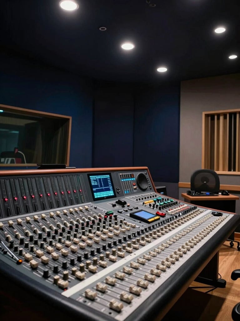 Wide environmental shot of a professional recording studio control room in Jaipur, mixing board in the foreground bathed in hard studio strobe light, deep blue-black shadows behind, no human subject — infrastructure as the protagonist