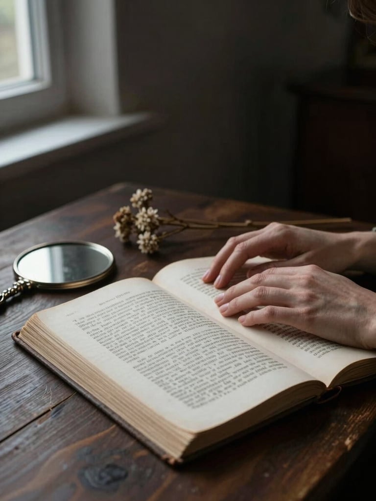 Close portrait of a woman's hands resting on an open manuscript on a dark wooden table, a small hand mirror and a dried sprig of flowers beside the pages, cool moonlight entering from a narrow window at the left edge of frame, deep shadow behind, aged paper texture visible, no face shown — intimate and observed