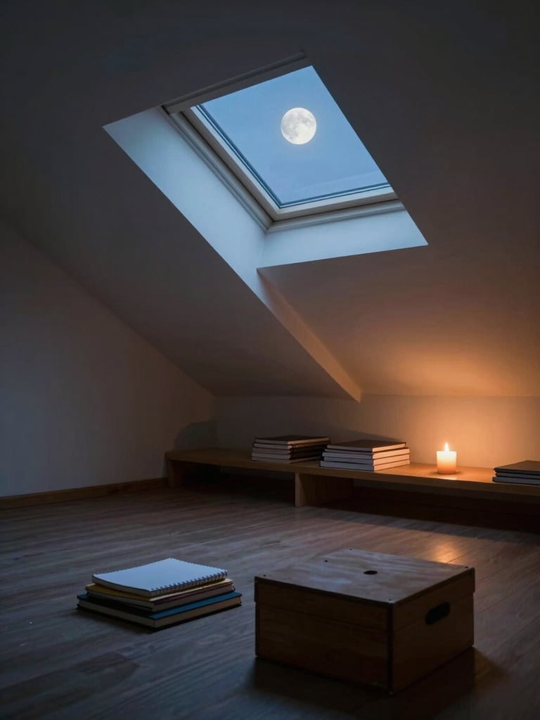 Wide shot of an empty attic writing space at night, a single candle burning on a low shelf to the right third of the frame, stacked notebooks and a closed wooden box in the foreground, pale blue moonlight seeping through a small skylight above, deep shadow in the corners, no human presence — still and expectant