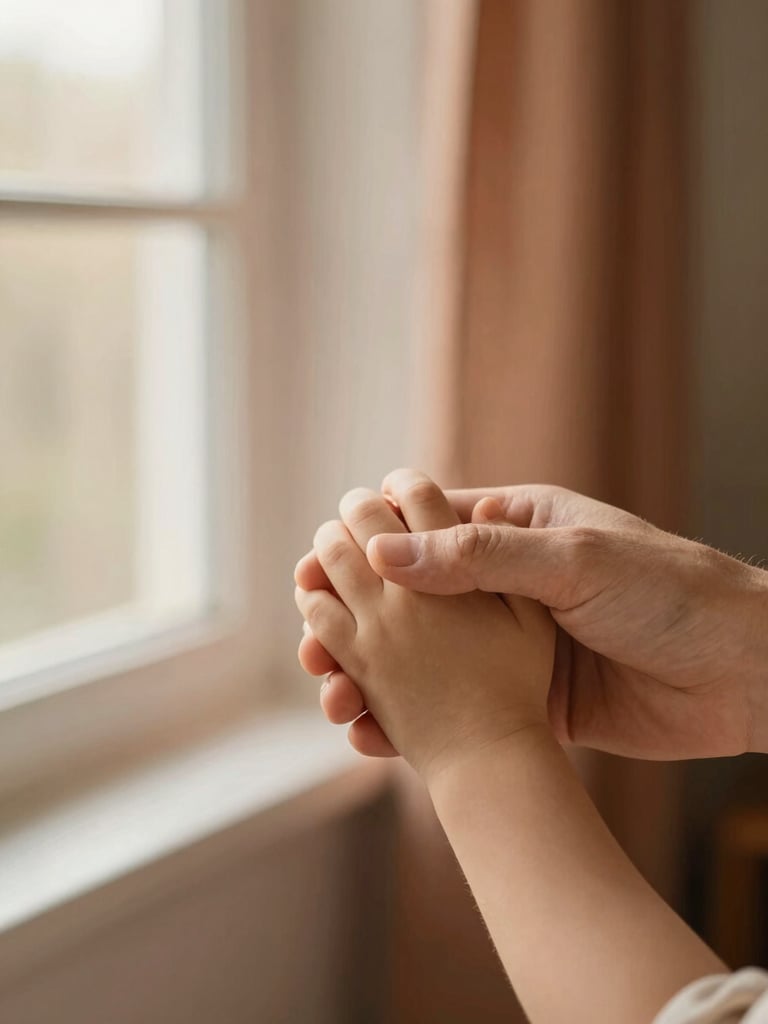 A close-up of a parent's hand gently holding a child's hand, soft natural window light, warm terracotta and cream tones, shallow depth of field.