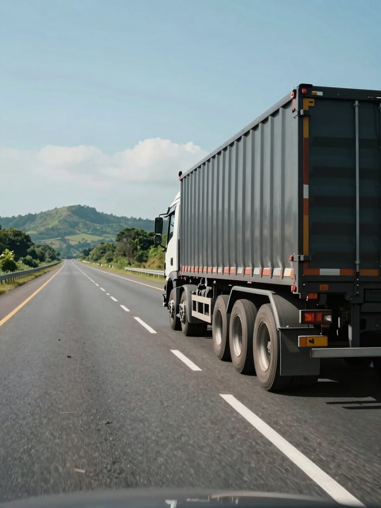 Wide environmental shot from the passenger side of a highway, a heavy-duty cargo truck occupying the right lane under clear Indonesian midday light, road stretching ahead with green hills in the distance, natural daylight, strong sense of motion and scale