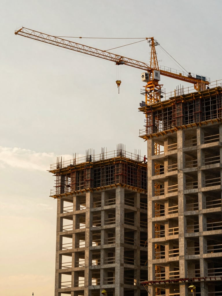 Wide environmental shot of an active high-rise construction site at golden hour, concrete formwork and scaffolding filling the right frame, heavy crane arm extending into a warm overcast sky, workers visible at mid-level, no signage