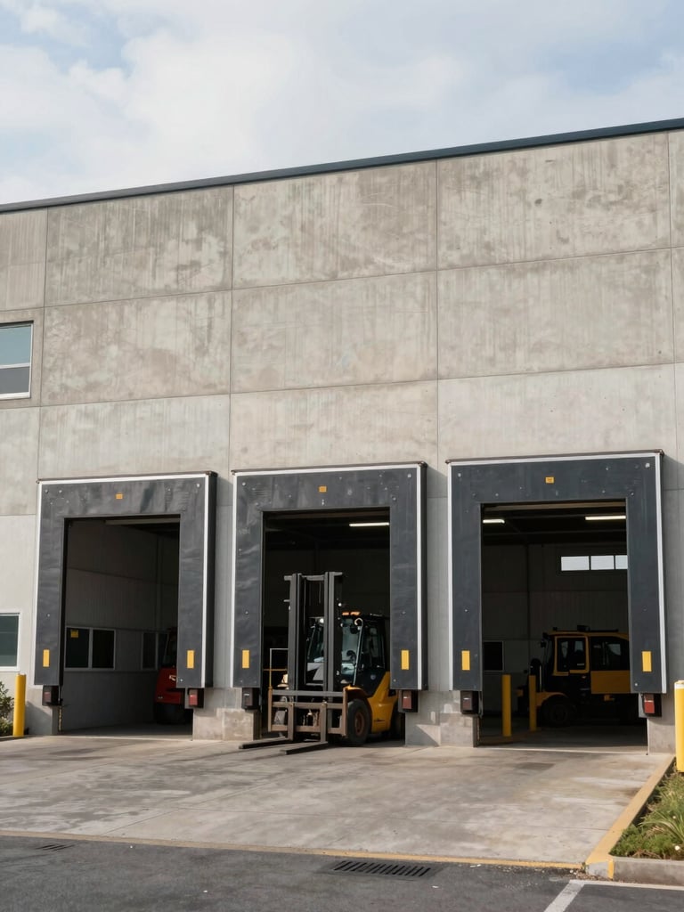 Wide-angle shot of a warehouse building exterior mid-day, loading dock doors open with forklift visible inside, concrete facade showing real operational scale, natural overcast daylight, framed from street level looking slightly upward