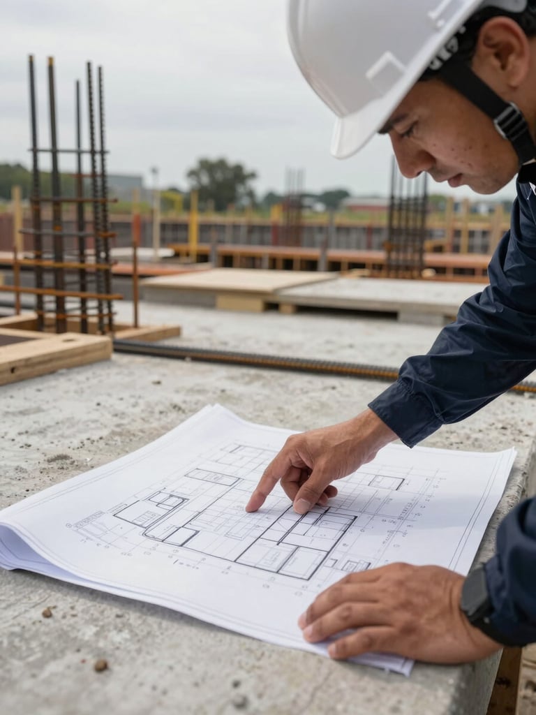 Close-up of a construction site foreman in a hard hat reviewing blueprints spread over a concrete surface, natural overcast daylight, rebar and formwork visible in background, hands pointing at technical detail on the drawing