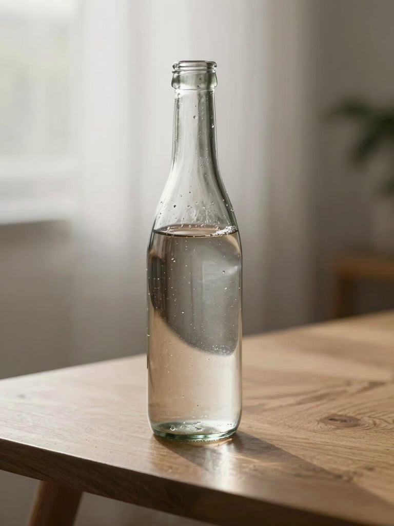 Soft morning light reflecting through a clean glass bottle of water on a minimalist wooden table, subtle condensation, peaceful background.