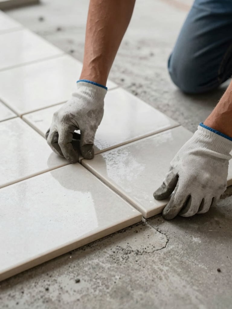 Close-up of a worker's gloved hands placing precision tile on a concrete floor, grout lines perfectly aligned, overcast studio light from above revealing texture of the ceramic surface, no faces, no people posing