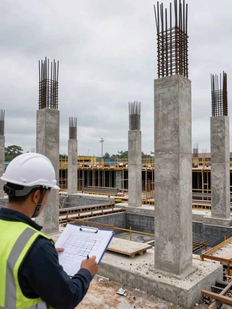 Wide construction site in progress, reinforced concrete columns rising from foundation, a helmeted engineer reviewing structural drawings on a clipboard in the left foreground, overcast daylight illuminating the raw concrete and rebar, deep site depth visible behind