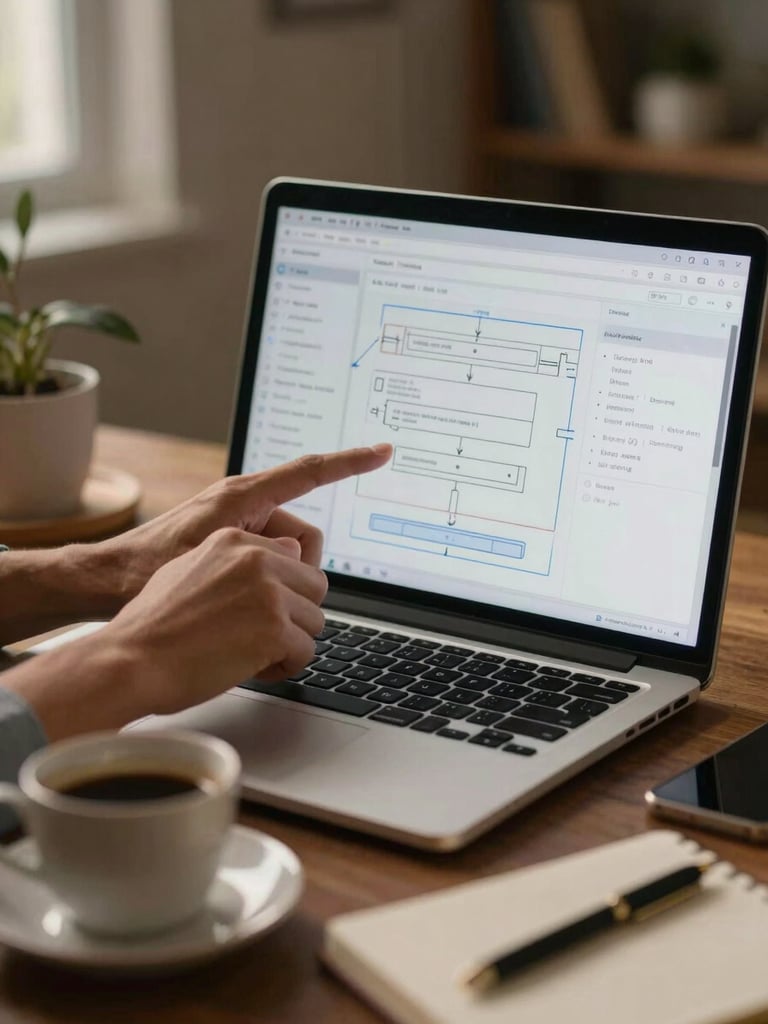 Close environmental shot of hands pointing at a laptop screen showing a workflow diagram, warm tungsten light from the left, coffee cup and notebook in foreground blur, Indian home-office setting, cinematic shallow depth of field