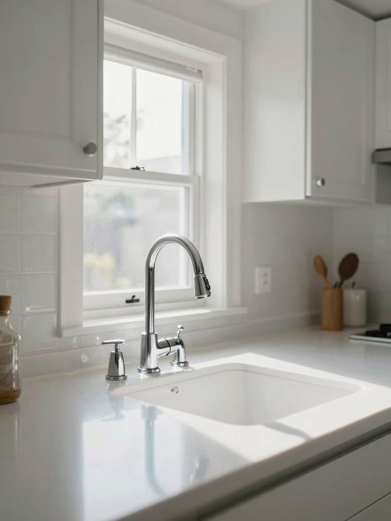 Straight-on wide-angle shot of a bright, naturally lit kitchen with sparkling clean white countertops, polished chrome faucet, and freshly wiped cabinets. Sunlight pouring through a window.