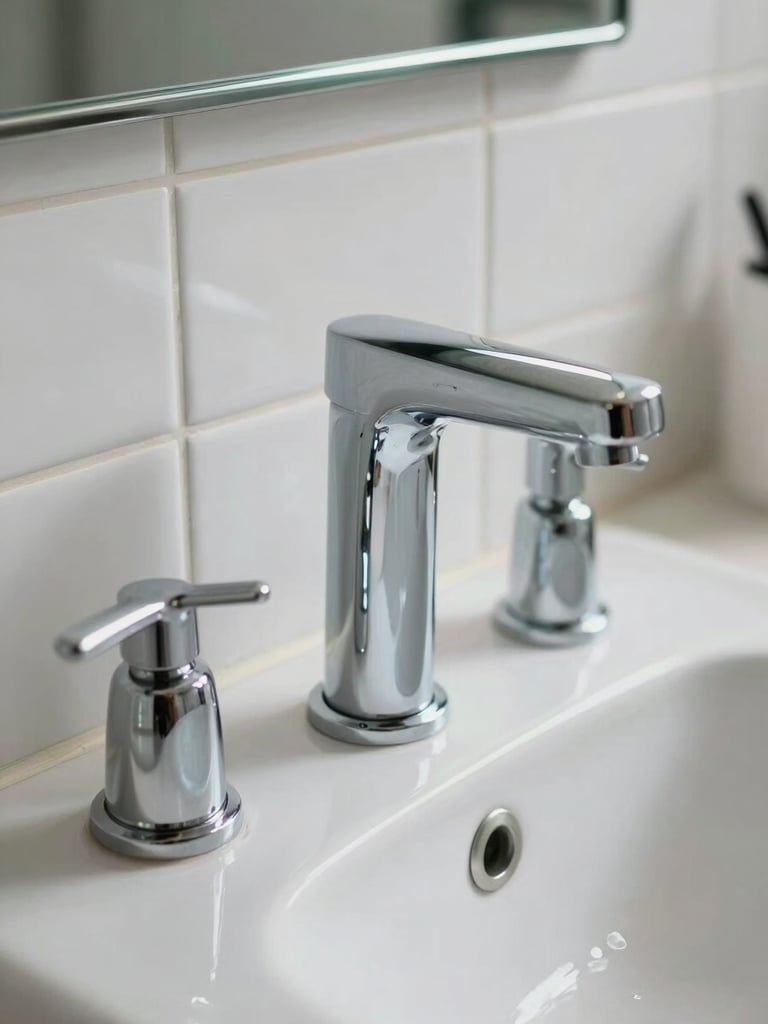 A sparkling clean bathroom with polished chrome faucets, pristine white tiles, bright natural daylight, macro shot.