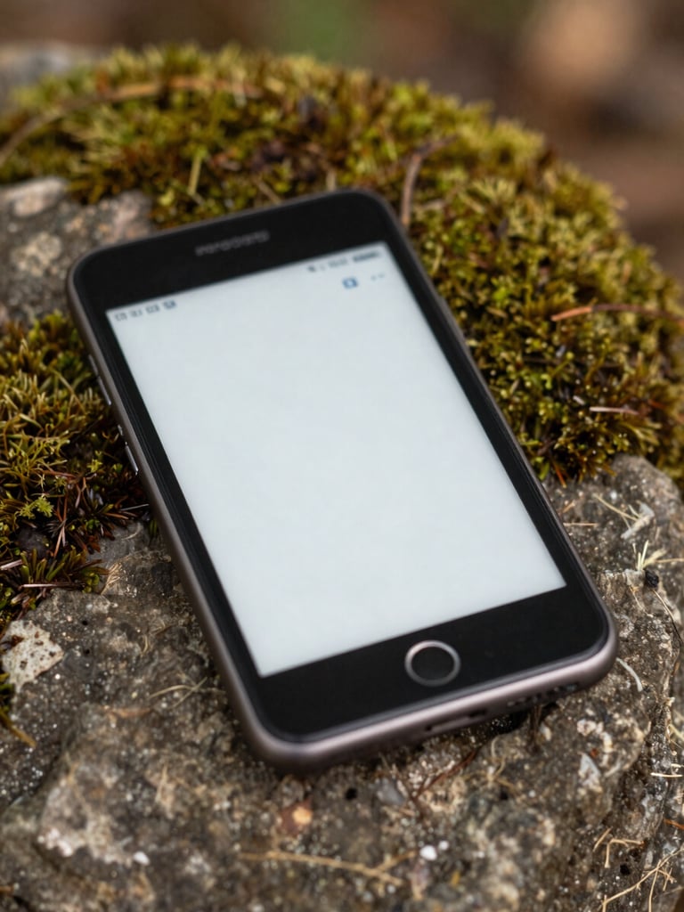 A close-up macro shot of an Android phone resting on a mossy rock in soft, overcast outdoor daylight, displaying a clean, high-contrast e-ink interface