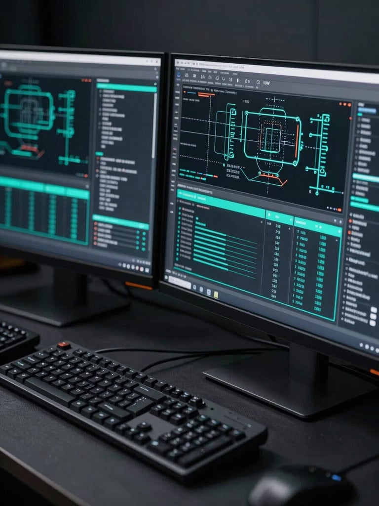 Sleek technical photography of dual monitors displaying crisp technical schematics and system diagnostics, cool low-key lighting with sharp teal highlights, 35mm