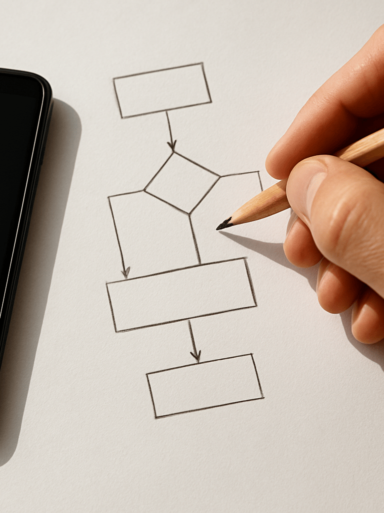 Close-up overhead shot of a hand sketching interaction flow diagrams on plain white paper beside an Android phone, bright even daylight from the left, fingertip resting on a drawn arrow, no text visible