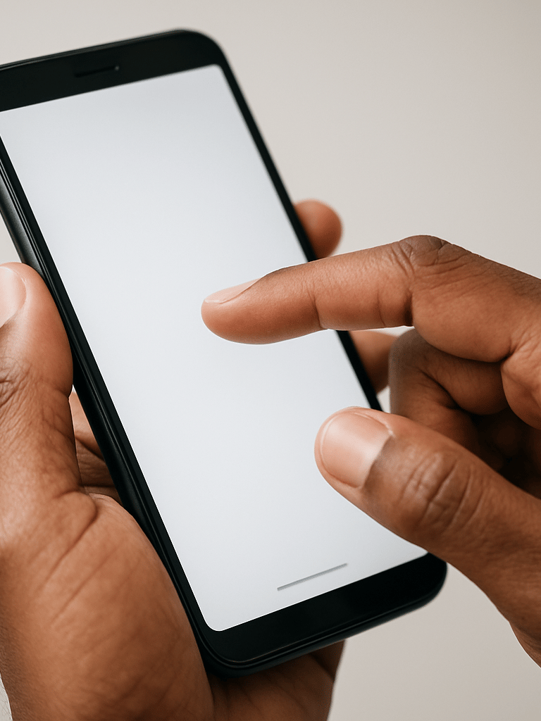 Close-up of two hands holding an Android phone, one thumb mid-swipe on a clean minimal app interface, bright studio light, screen clearly readable, shallow depth of field on the thumb