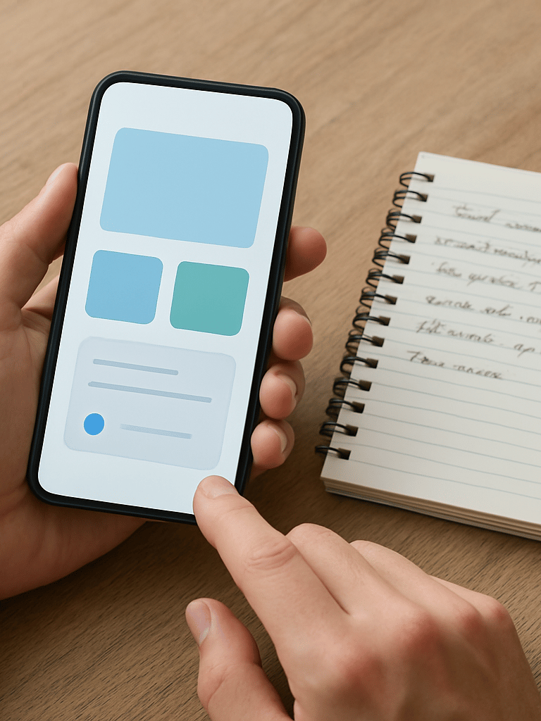 Overhead shot of a person's hands holding an Android phone at a desk, the screen showing a finished app interface, bright even daylight, a notepad with handwritten observations beside the phone, no faces visible