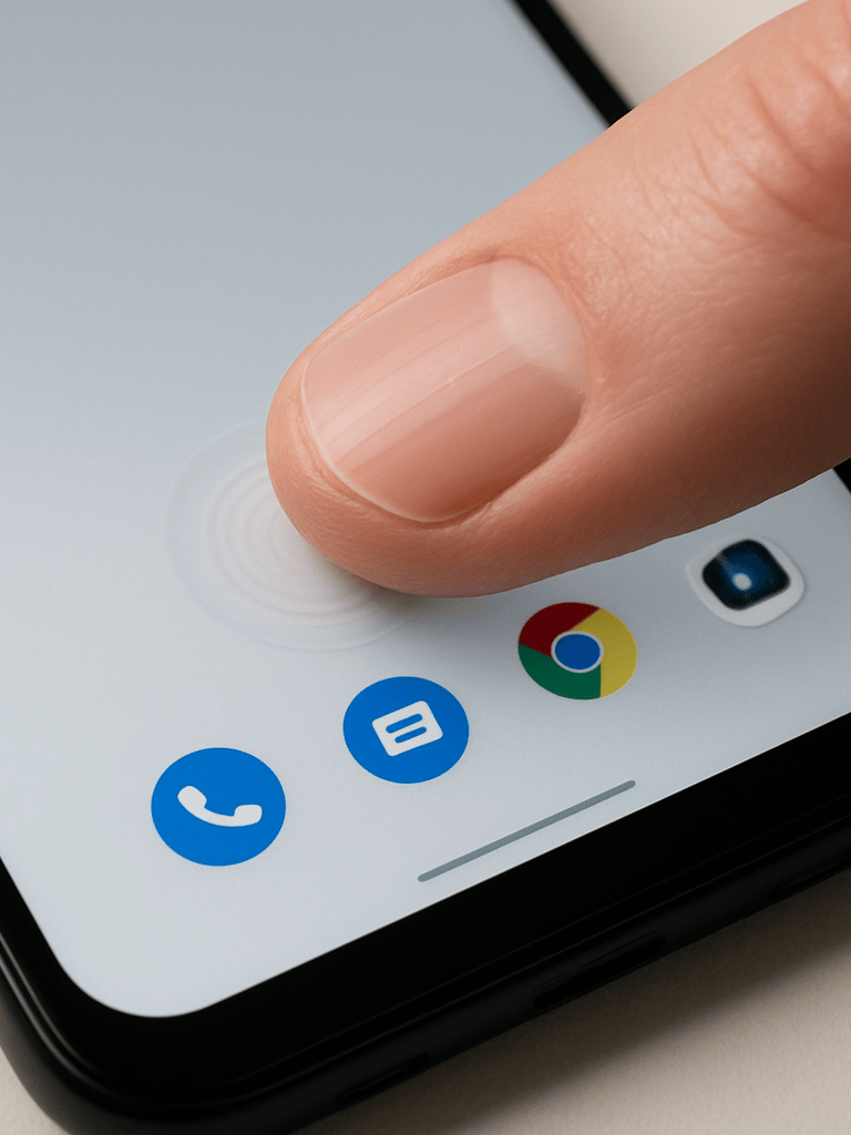 Close-up overhead shot of a thumb mid-swipe on an Android phone screen, crisp interface visible beneath the fingertip, bright even studio light revealing touch target detail, neutral off-white surface below the device