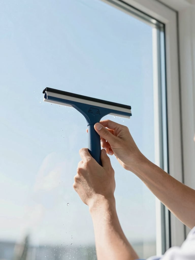 Close-up of a professional technician's hands using a squeegee on a pristine, large window pane, bright morning light catching the water droplets on the glass edge, sharp focus