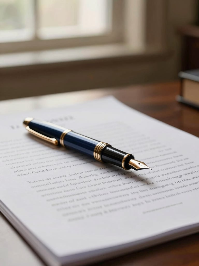 Close-up of elegant fountain pen resting on signed legal documents, warm side-lit window light, professional law office setting, shallow depth of field