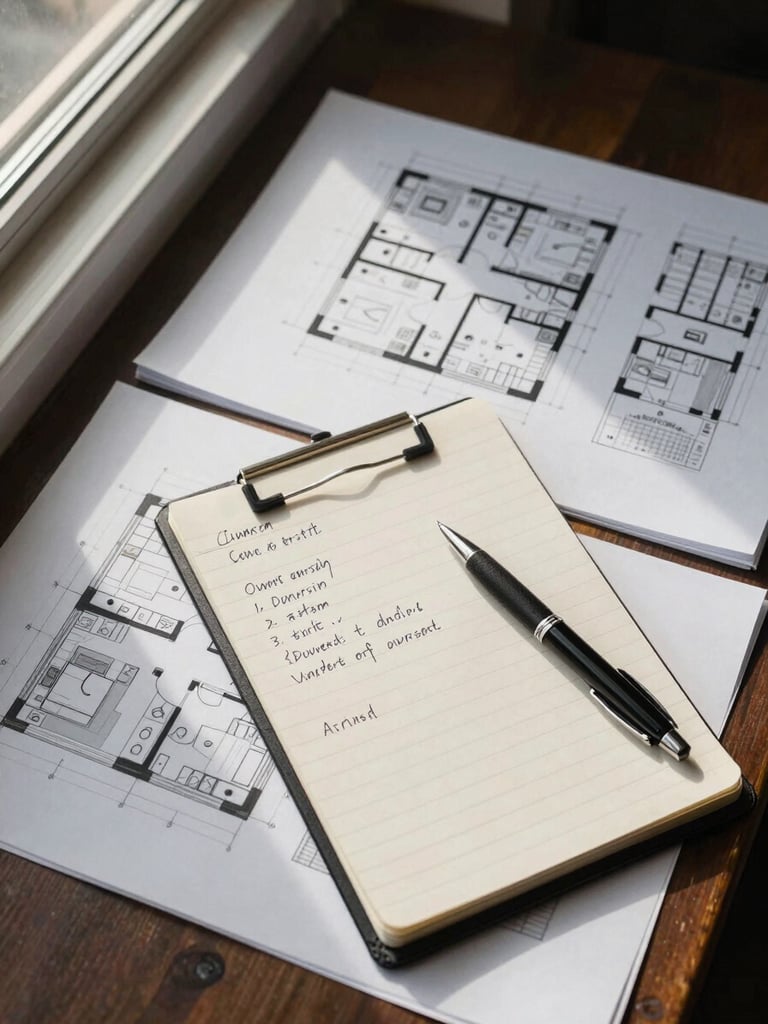 Close overhead flat-lay of a real estate planning session — property floor plans, a legal pad with handwritten ownership structure notes, a pen resting mid-page, warm natural window light from the upper left, organized documents suggesting careful decision-making in progress