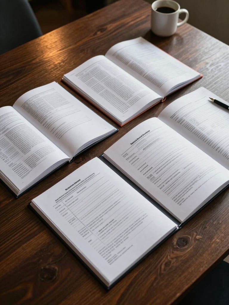 Environmental wide shot of a planning table with three open folders — one labeled with property documents, one with insurance papers, one with tax forms — arranged in a deliberate triangle formation on a dark oak surface, warm overhead ambient light, a coffee mug and pen visible at the edge, organized and purposeful