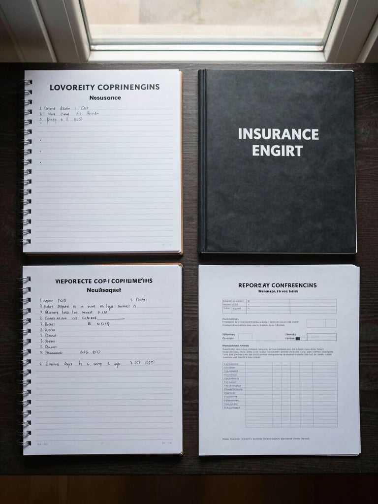 Overhead flat-lay composition of a planning table showing a legal notepad with handwritten notes, a printed property deed, an insurance binder, and a tax folder arranged in a structured grid under natural window light