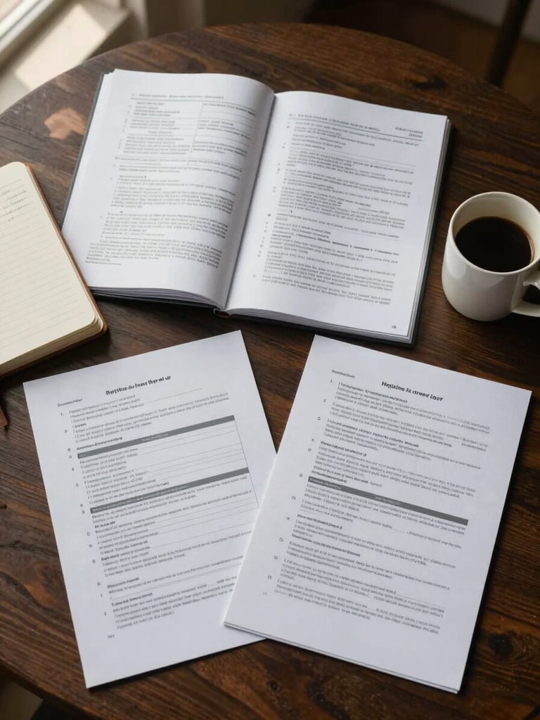 Wide overhead flat-lay of a planning workspace: open tax documents and property listing papers spread across a dark wood desk, a ceramic coffee mug to the right, a notebook with handwritten notes at the left edge, warm ambient window light casting soft shadows across the materials, no people visible