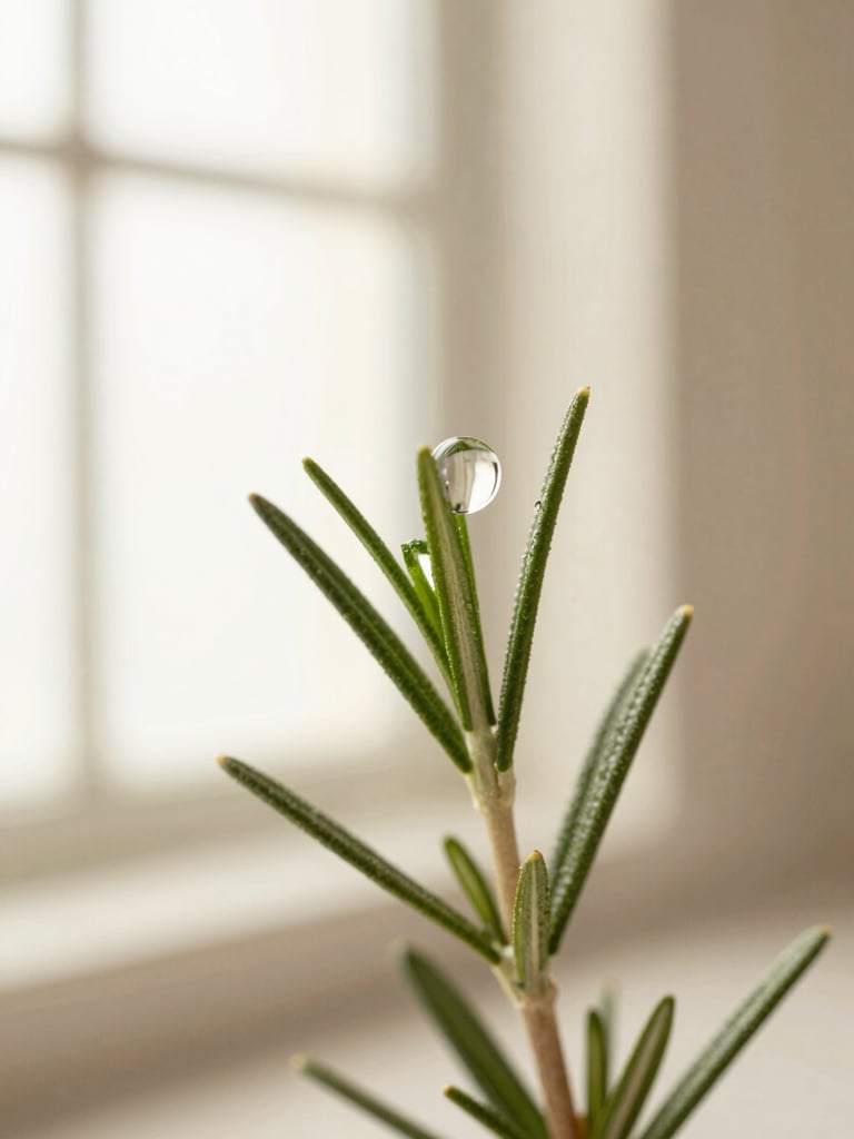 Macro photograph of pure rosemary oil droplets suspended in water, soft diffused window light, warm ivory tones, shallow depth of field