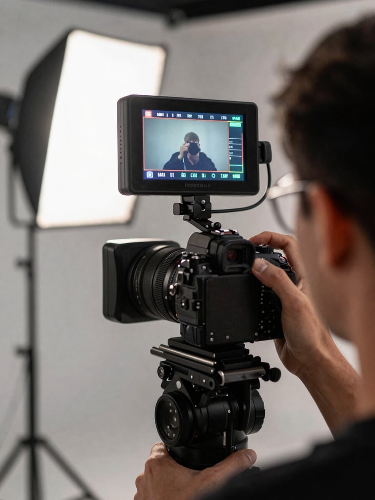 Over-the-shoulder view of a camera operator framing a close-up shot on a mirrorless rig, monitor mounted on top glowing with live feed, studio strobes visible in background, tight NYC production set, saturated practical lighting