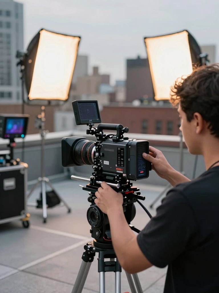 Over-the-shoulder view of a camera operator adjusting a cinema rig on a NYC rooftop set, studio strobes casting hard directional light, production monitors and grip equipment visible in the background, wide environmental frame