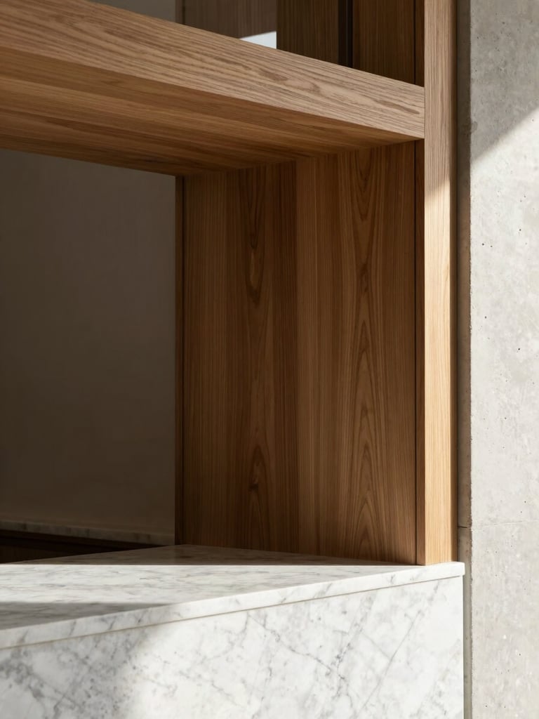 Architectural detail of custom walnut carpentry meeting a white marble counter, warm natural lighting, close-up geometric composition, editorial photography