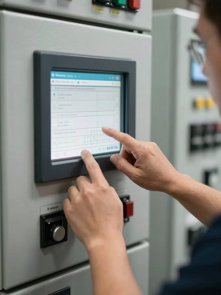 Close framing of a technician's hands adjusting a control panel interface during active system commissioning, task lighting illuminating the panel display and finger positions, industrial control cabinet visible in background, utilitarian shop-floor environment, no posed elements