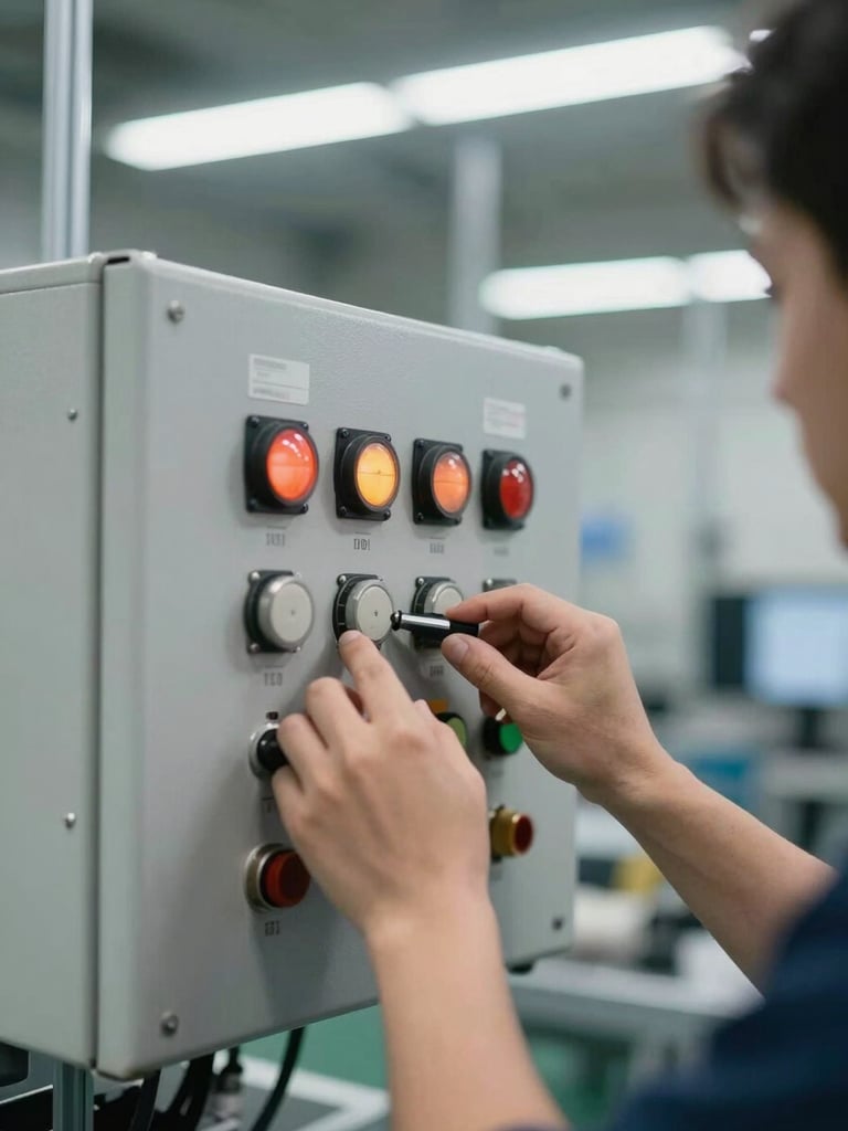 Close-up of a technician's hands calibrating a control panel interface in an active manufacturing plant, overhead industrial fluorescent lighting, steel and electrical orange indicator lights visible on the panel surface, utilitarian framing