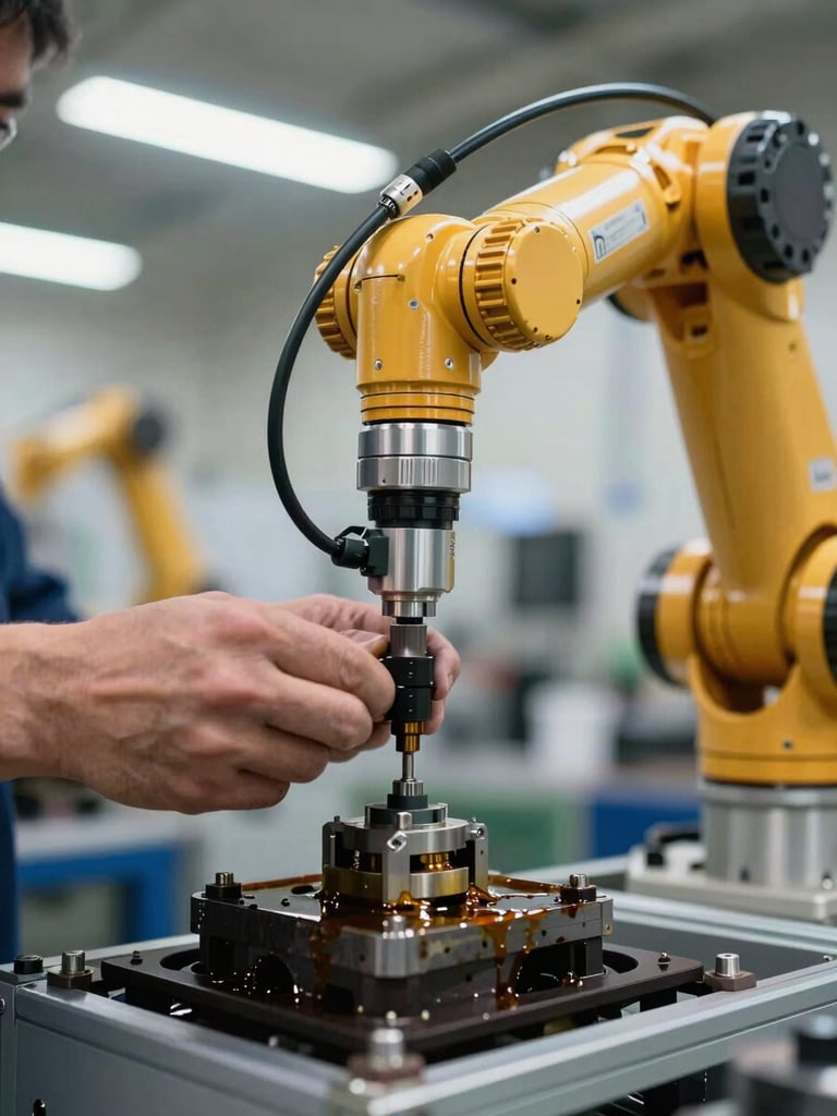 Close-up of a robotic arm integration point being connected to a production line in an actual plant, technician's hands visible tightening a mechanical fitting, overhead fluorescent industrial lighting, oil and metal surface detail
