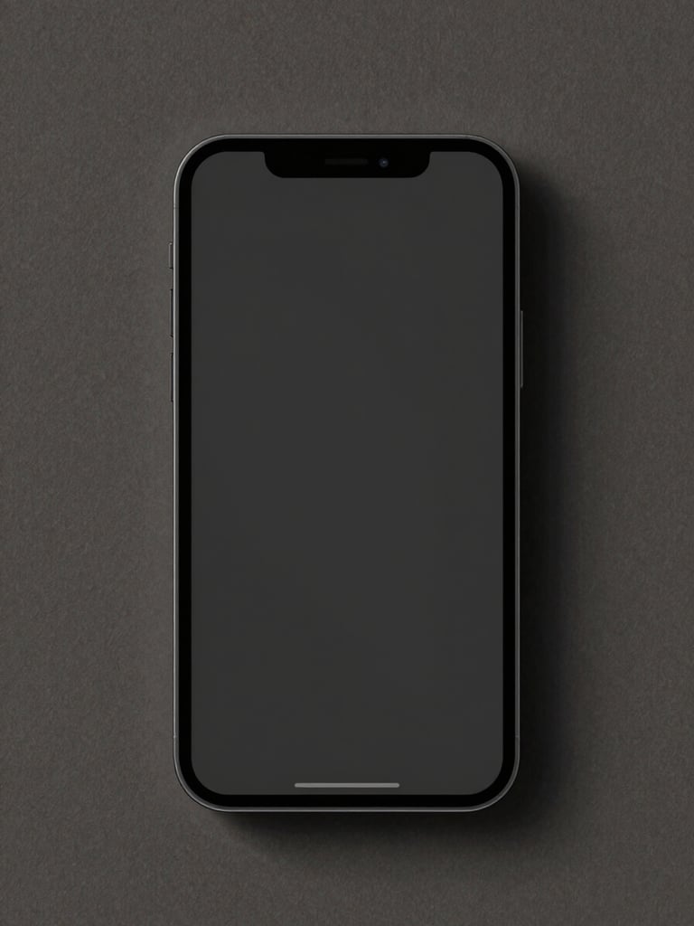 Top-down orthographic view of a dark-mode mobile interface design on a stark neutral background with sharp studio shadows.
