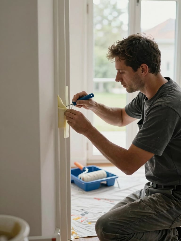 Wide shot of a painter in work clothes carefully applying masking tape along a door frame, natural daylight from a nearby window, crisp tape line in sharp focus, paint roller and tray visible in the background on a drop-cloth-covered floor