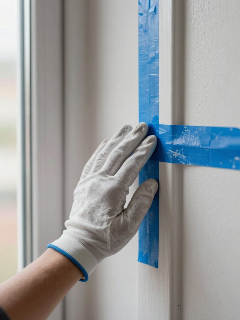 Close-up straight-on shot of a painter's gloved hand pressing blue masking tape along a door trim edge, freshly painted wall surface visible behind, soft natural window light from the left, sharp tape line in focus