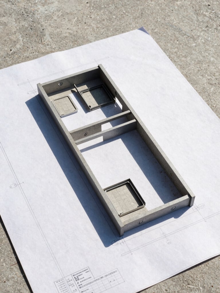 Architectural site plans resting on a raw concrete surface, sharp shadows, high-contrast daylight, 35mm