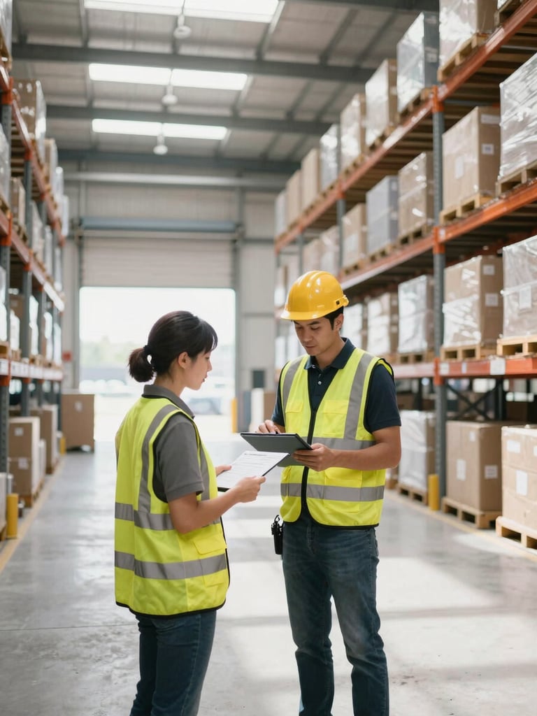 A professional logistics manager in high-visibility gear reviewing a digital manifest inside a bright, modern San Diego warehouse facility